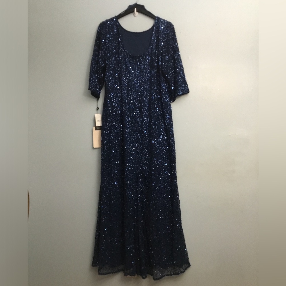 ADRIANNA PAPELL Blue and Silver Embellished Gown with Scoop Neckline - Picture 13 of 16